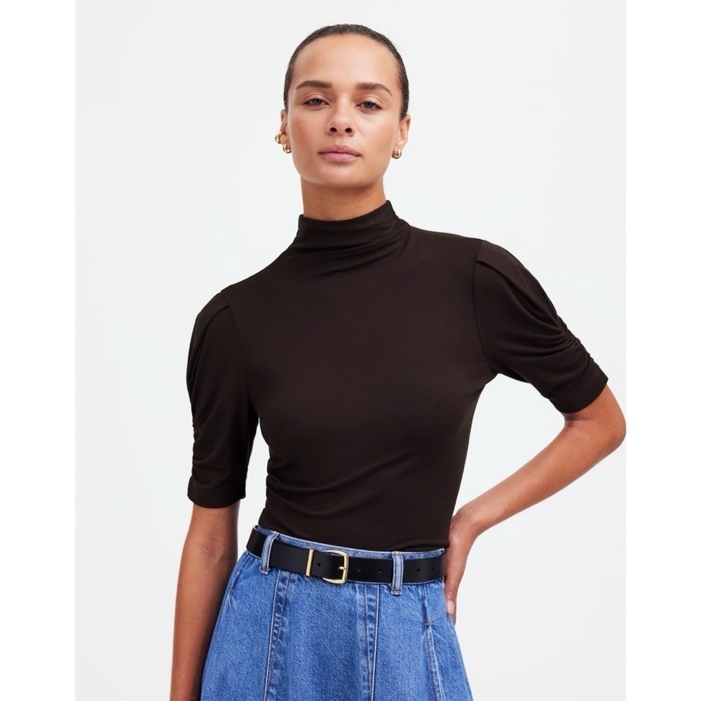 Madewell Top Drapey Puff-Sleeve Mockneck Tee Dark Carob Brown XS NWT New